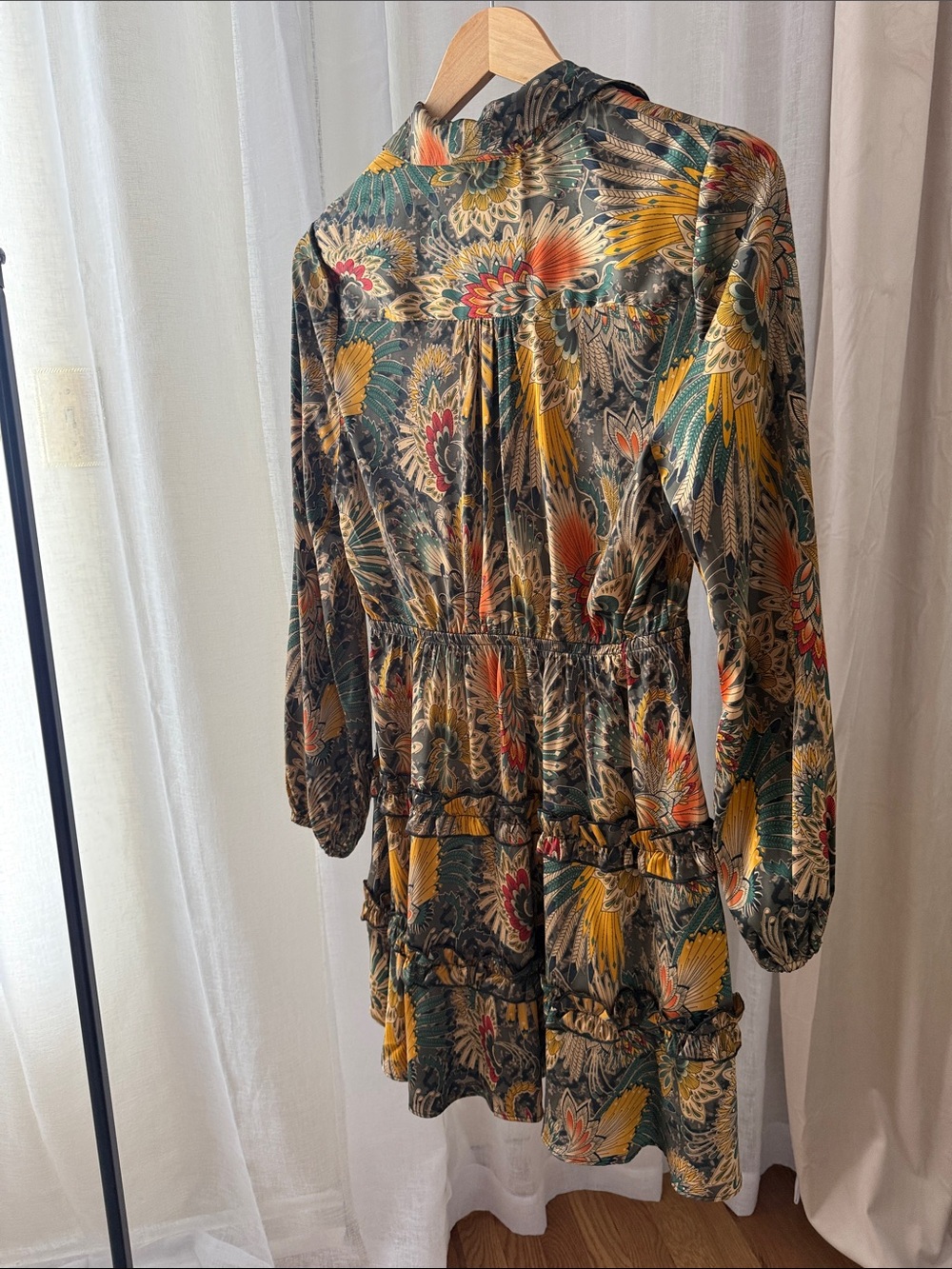 Sam Edelman Long-Sleeve Tiered Dress in Mustard, Teal & Rust - Picture 5 of 8
